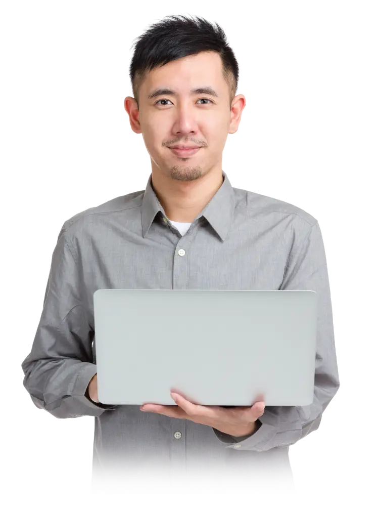 Image of Asian Guy standing with Laptop on his hand